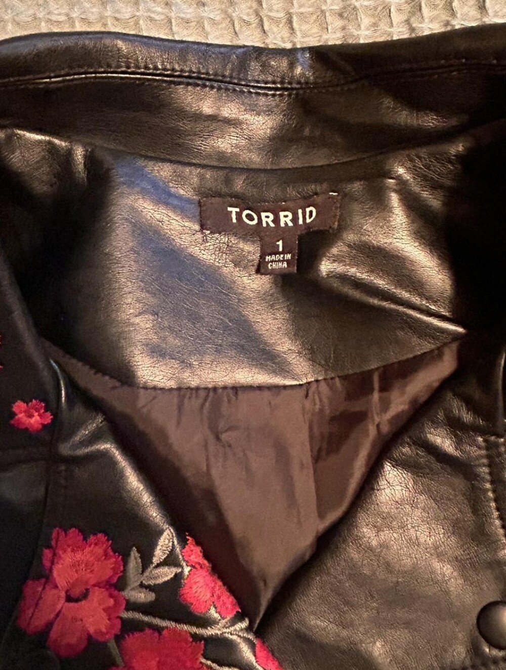 torrid Black Faux Leather Jacket with Red Floral Embroidery Accents